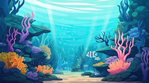 scena subacquea del fondale marino con coralli e alghe