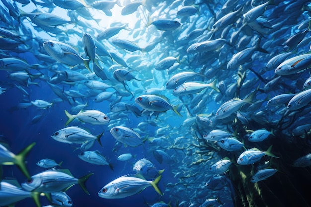 Scena subacquea di un banco di pesci che nuotano nell'oceano Un banco di sardine in una barriera corallina tropicale blu AI Generated