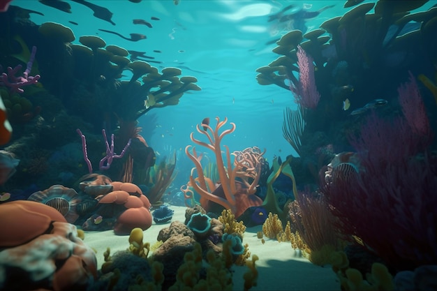 Scena subacquea di un pesce e di una barriera corallina
