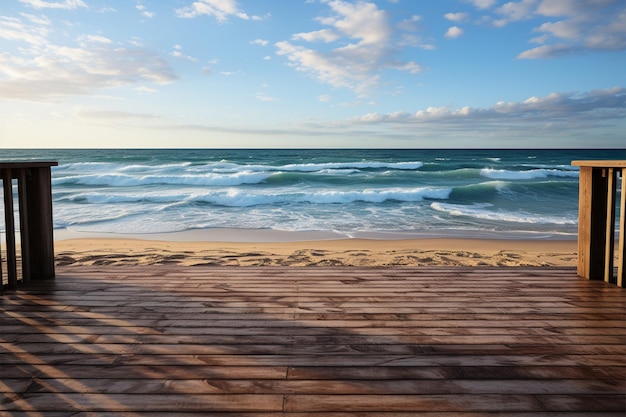 Scena sul litorale La spiaggia sfocata costituisce lo sfondo per i ponti in legno esposizioni di prodotti versatili