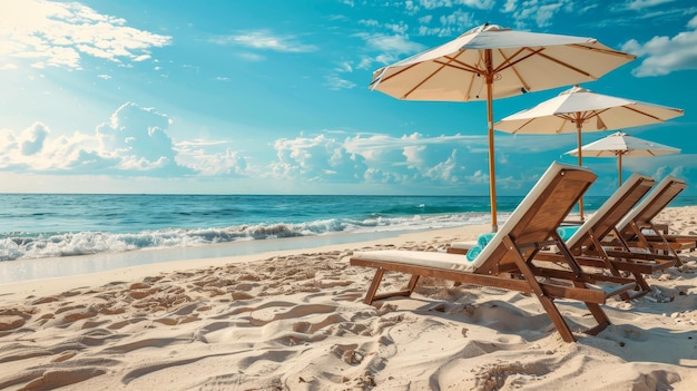 Scena sulla spiaggia con lettini e ombrelli Concetto di vacanza