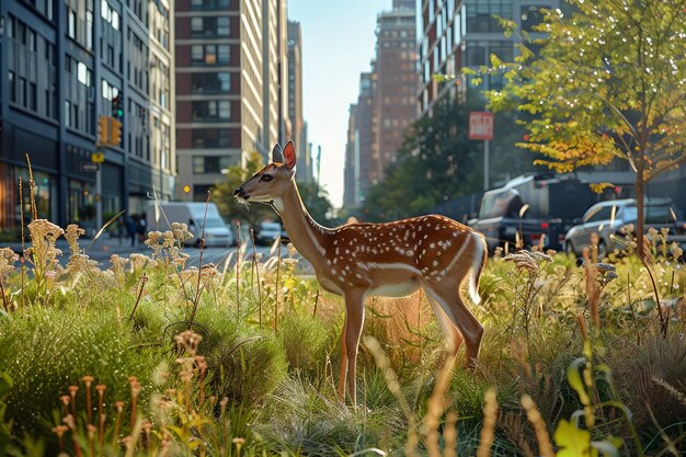 Scena surreale della fauna urbana con cervi in piedi in mezzo al traffico della città in una giornata di sole