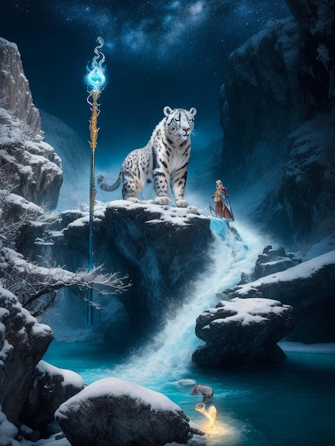 Scena surreale di un maestoso leopardo delle nevi umanoide