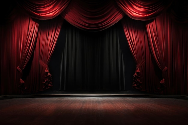 Scena teatrale vuota con tende rosse e riflettori illuminati Scenario di sfondo con spazio di copia
