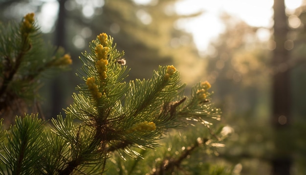 Scena tranquilla albero sempreverde rugiada tranquillità bellezza della natura in primavera generata dall'intelligenza artificiale