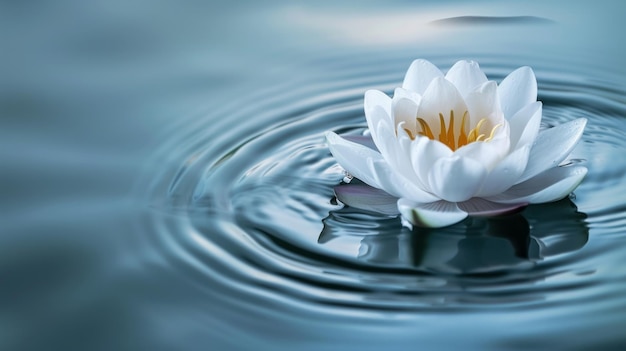 Scena tranquilla che raffigura un fiore di loto Zen sull'acqua che incarna il concetto di meditazione e spiritualità L'immagine riflette un momento di calma e introspezione con il loto re AI Generative