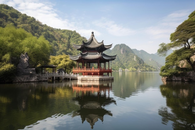 Scena tranquilla con pagoda cinese che si affaccia sul lago e sulle montagne creata con l'IA generativa