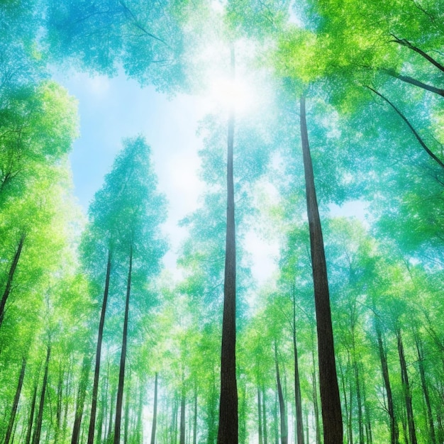 Scena tranquilla della foresta con fogliame lussureggiante e alberi imponenti sotto il cielo blu