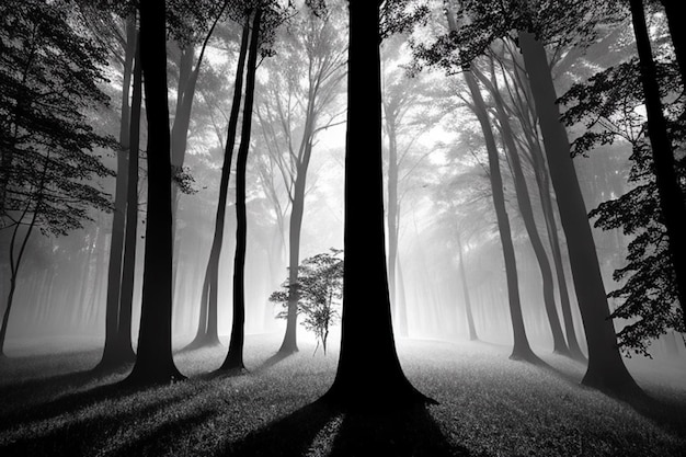 Scena tranquilla della siluetta misteriosa della foresta in bianco e nero