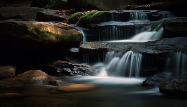 Scena tranquilla di acqua che scorre nella maestosa foresta pluviale tropicale generata dall'intelligenza artificiale