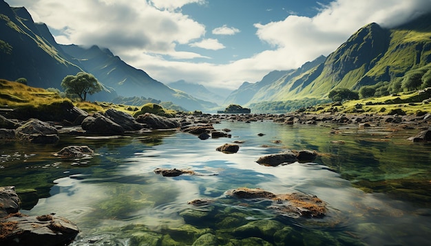 Scena tranquilla di acqua corrente della foresta verde del picco di montagna e tramonto generato dall'intelligenza artificiale