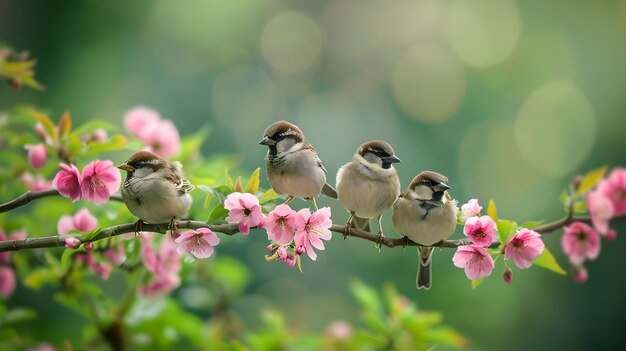 Scena tranquilla di passeri che si riposano su un ramo in fiore Perfetto per temi della natura e sfondi pacifici Focalizzazione morbida e bokeh migliorano l'atmosfera calma AI