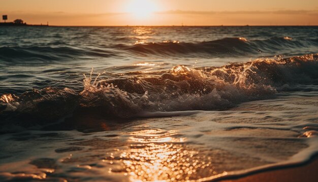 Scena tranquilla di sole giallo retroilluminato dall'orizzonte blu sull'acqua generata dall'intelligenza artificiale