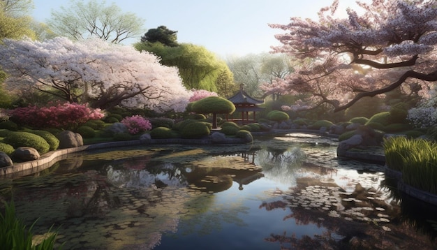 Scena tranquilla di un giardino formale con fiori multicolori e riflessi generati dall'intelligenza artificiale