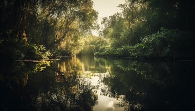 Scena tranquilla di una foresta che si riflette nell'acqua generata dall'intelligenza artificiale