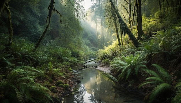 Scena tranquilla di una foresta nebbiosa bagnata con acqua corrente generata dall'intelligenza artificiale