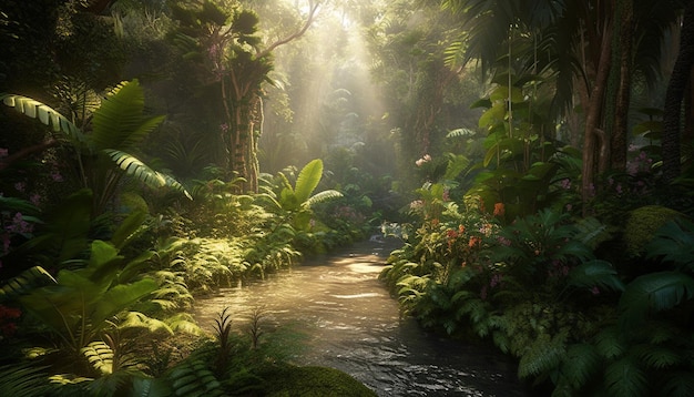Scena tranquilla di una foresta pluviale tropicale con fogliame verde lussureggiante generato dall'intelligenza artificiale