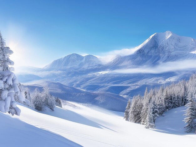 Scena tranquilla di una maestosa catena montuosa nella stagione invernale