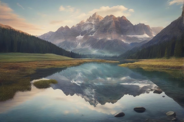 Scena tranquilla di una maestosa montagna che si riflette in uno stagno pacifico generato