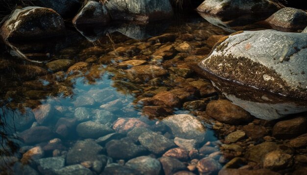 Scena tranquilla di una montagna che si riflette in un bordo d'acqua liscio generato dall'intelligenza artificiale