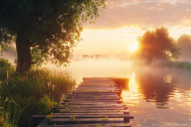 Scena tranquilla lungo il fiume con un molo di legno al sole