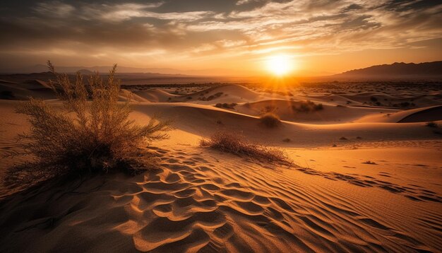 Scena tranquilla Maestosa catena montuosa dune di sabbia increspate tramonto arancione generato dall'intelligenza artificiale