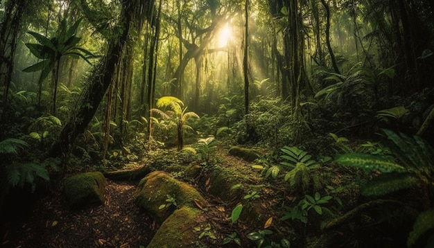 Scena tranquilla nella bellezza misteriosa della foresta pluviale tropicale generata dall'IA