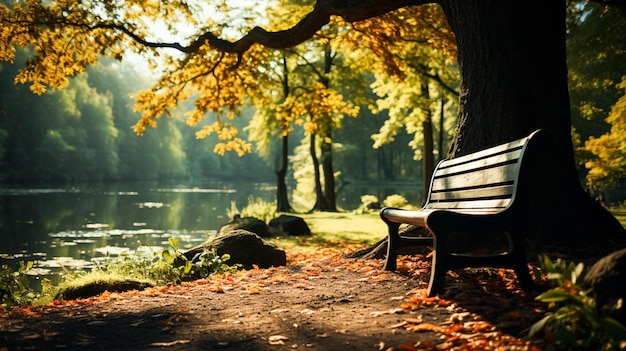 Scena tranquilla panca verde sotto l'albero di autunno nella foresta