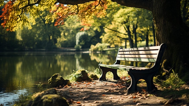 Scena tranquilla panca verde sotto l'albero di autunno nella foresta