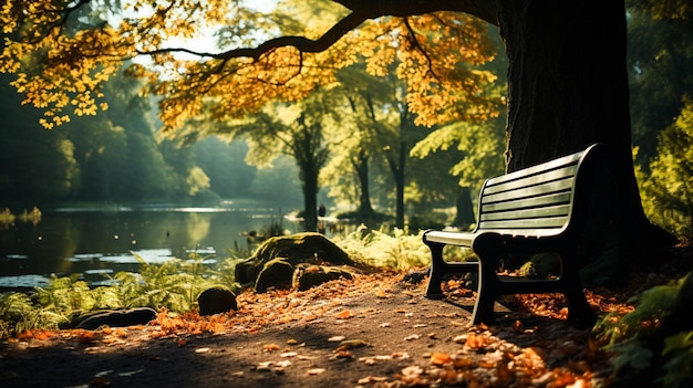 Scena tranquilla panca verde sotto l'albero di autunno nella foresta
