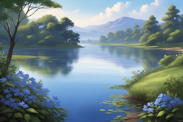 Scena tranquilla sul lago Cespugli di periwinkle oscillanti nella brezza