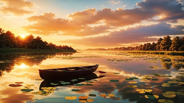 Scena tranquilla sulla barca a remi dello stagno al tramonto generata dall'intelligenza artificiale