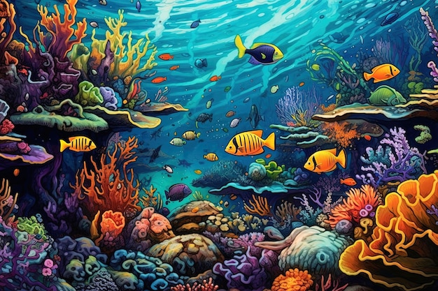 Scena tropicale del mondo sottomarino Illustrazione con scena sottomarina di pesci e coralli