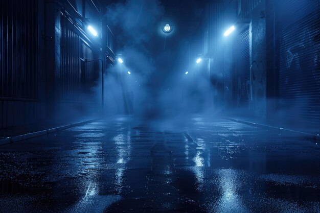 Scena urbana buia con luci al neon e riflessi sull'asfalto bagnato