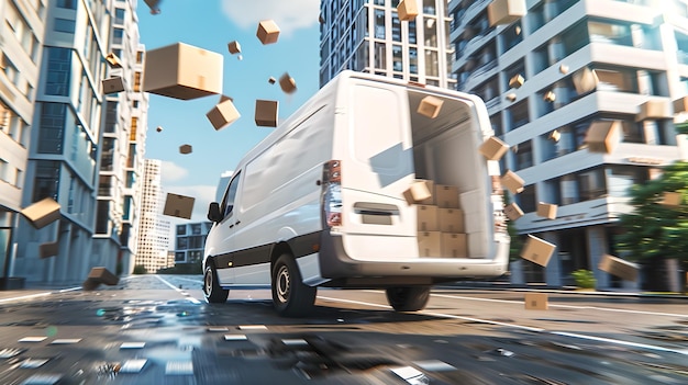 Scena urbana dinamica con furgone di consegna e pacchi volanti Visualizzazione della vita cittadina veloce E-commerce e concetto di consegna AI
