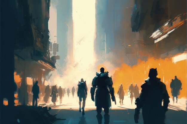 Scena urbana futuristica raffigurante persone che camminano per la città Concetto di fantasia Pittura illustrativa IA generativa