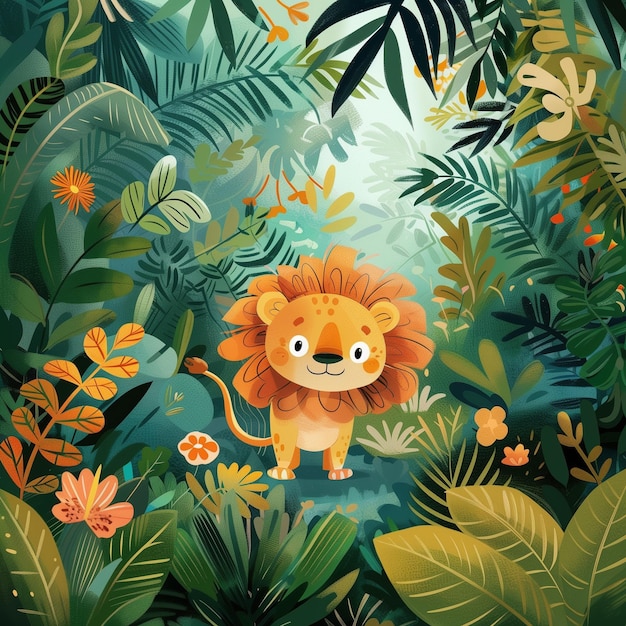 Scena vivace della giungla con l'illustrazione di un leone giocoso