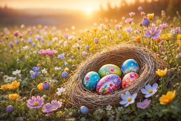 Scena vivace di Pasqua con uova decorate a colori annidate tra un campo di fiori in fiore