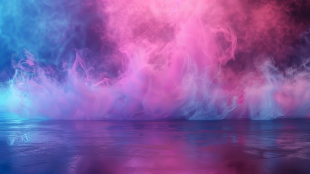 Scena vuota con fumo rosa e blu luminoso l'atmosfera si riflette sul pavimento