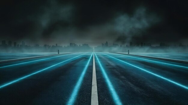 Scena vuota con luce neon blu strada blu asfalto con sfondo vuoto di fumo