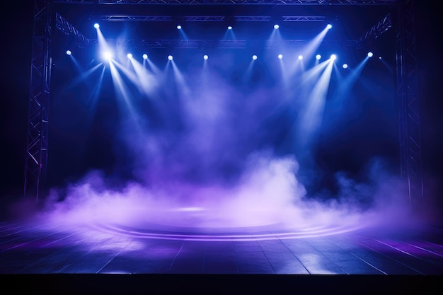 Scena vuota con proiettore di palco al neon viola blu Scena notturna vuota fasci di proiettori e diodi luce al neon ombre abbagliante e riflessi generati da AI