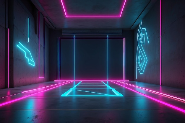 Scena vuota moderna futuristica sci-fi colorata luce laser al neon che brilla sul pavimento di cemento di cemento rendering 3d