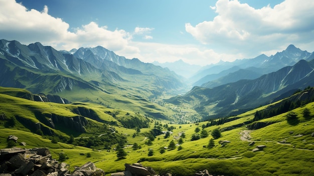 Scenario affascinante di montagne verdi con superficie del cielo nuvoloso