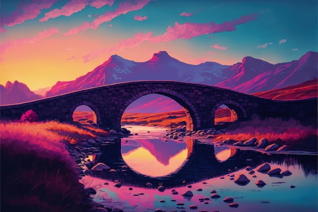 Scenario al tramonto con il fiume che scorre sotto l'antico ponte Concetto di fantasia Pittura illustrativa IA generativa