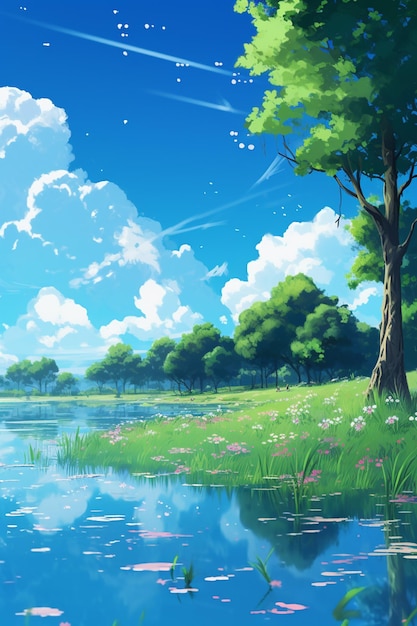 scenario anime di un lago con un albero e un aereo che vola nel cielo generativo ai