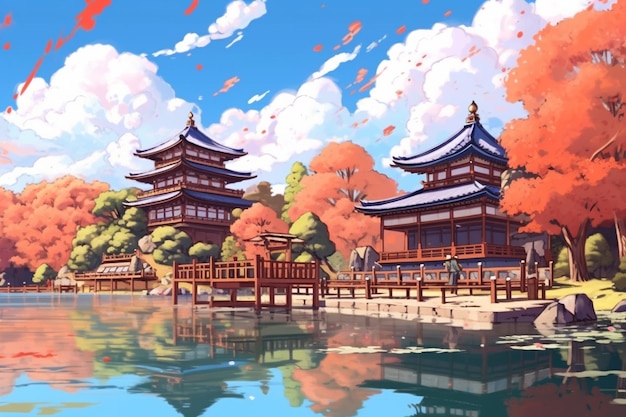 Scenario anime di una pagoda giapponese e un lago con poche persone generative ai