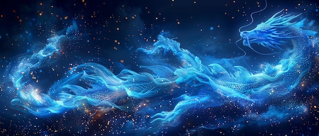 Scenario con draghi volanti astratti su sfondo blu scuro Intelligenza artificiale reti neurali big data Copia spazio