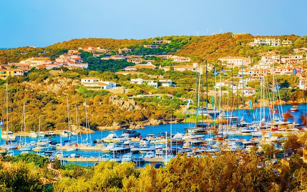 Scenario con Marina e yacht di lusso nel Mar Mediterraneo di Porto Cervo in Sardegna Isola d'Italia in estate. Vista panoramica sul porto della città sarda con navi e barche in Sardegna. Tecnica mista.