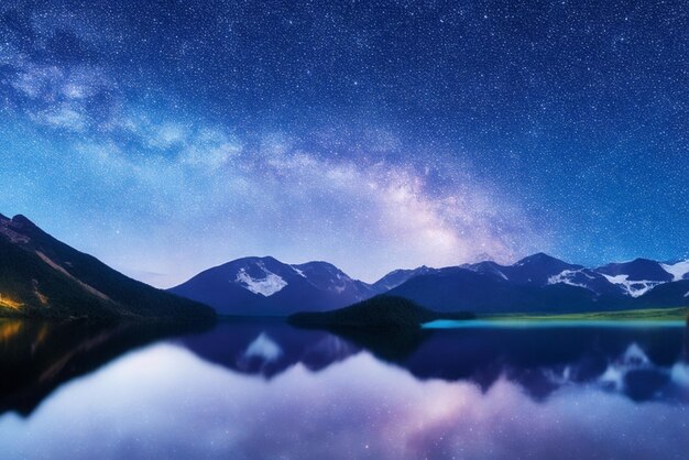 Scenario desktop Cielo notturno stellato sopra il lago di montagna