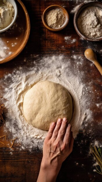 scenario dettagliato dedicato all'impasto del pane pieno di ingredienti dettagliati sul tavolo di legno